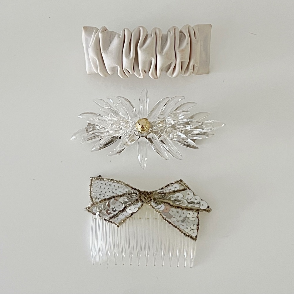 Curated 80s/90s Luxe Hair Clip Set – Lucite & Leather barrettes, sequined comb
